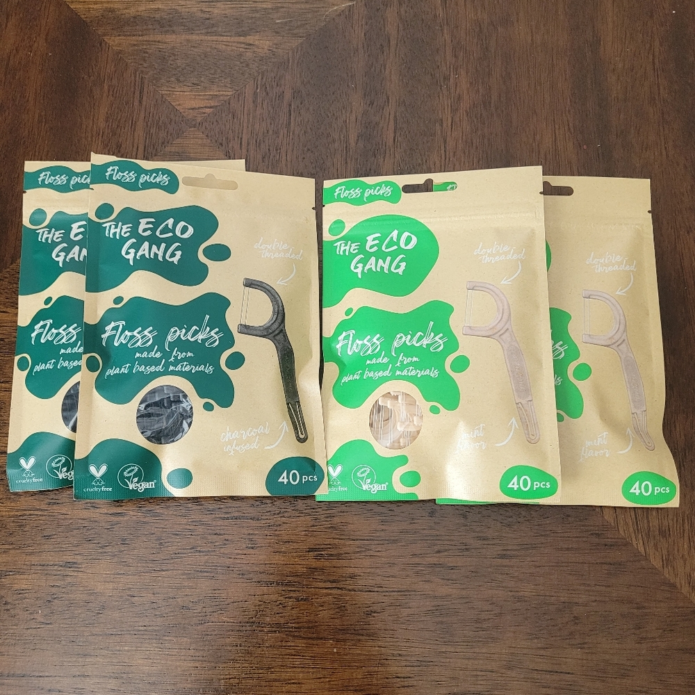 4 Pack- The Eco Gang- Bamboo Vegan Dental Floss Picks 40 pcs Mint & Charcoal
